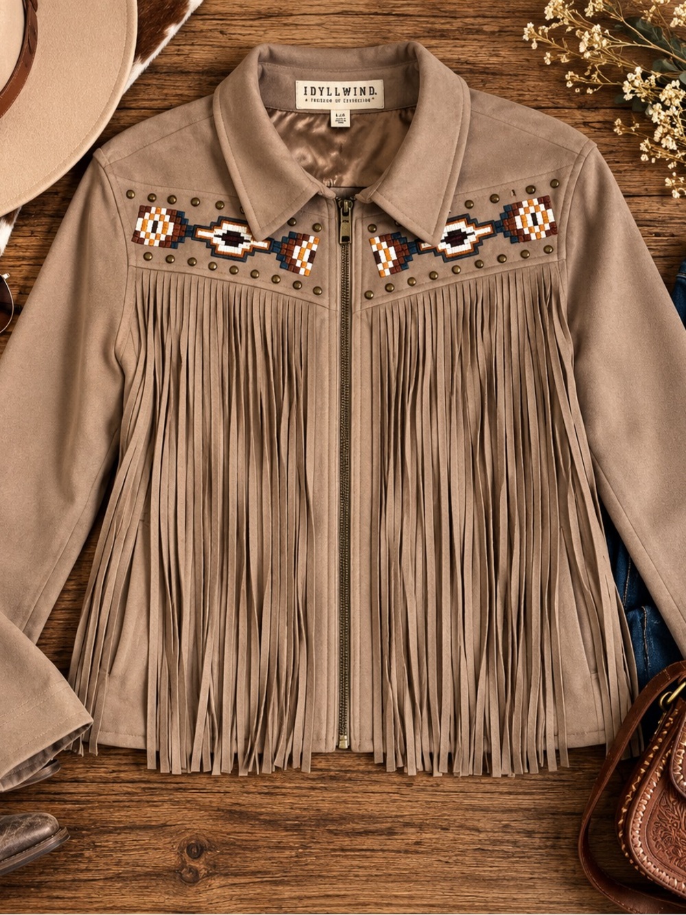 Idyllwind Taupe Western Fringe Suede Jacket with Beaded Details